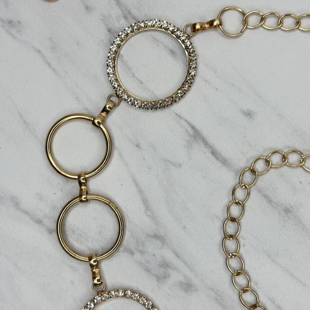 Womens Rhinestone Hoop Circle Gold Tone Chain Link Belt Plus One Size OS ✨ - Picture 10 of 12